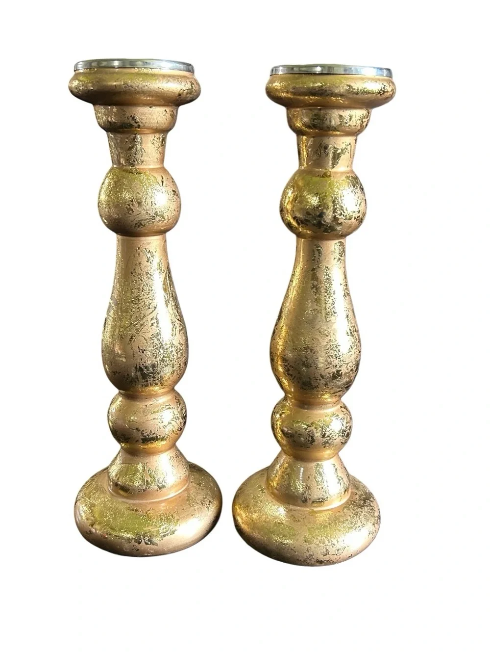 15.5” Candle Pillar Set Glass Textured Gold New